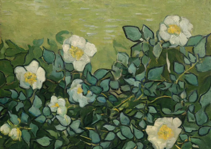 painting white flowers in a green field，a bird flies by, vincent van gogh painting, author：van gogh, author：vincent van gogh, va...