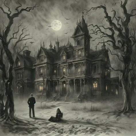 there is a painting，a man and a woman sat in front of the house, spooky mansion, southern gothic art, inspired by ivan kramskoy,...