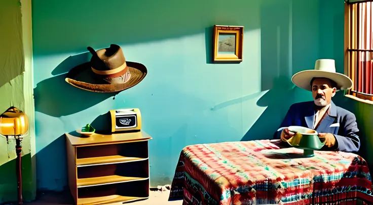 there is a man sitting at a table with a cup of coffee, Directed by: Nathalie Rattner, estilo Guilherme Eggleston, Directed by: Elsa Bleda, Guilherme Eggleston, Directed by: Etienne Delessert, inspirado em Gordon Parks, Directed by: Anson Maddocks, Directe...