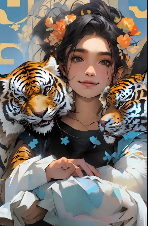 1homem jovem de 26 anos sorriso, tigre, olhos fechados, roupa de mangas longas,musculoso, homem alto e forte, cabelos compridos lisos e pretos, animal, Own hands holding a tiger cub, brilhante, cabelo longo preto e liso, olhos amarelos, sorriso, curto sob...
