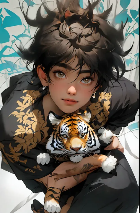 1homem jovem de 26 anos sorriso, tigre, olhos fechados, roupa de mangas longas,musculoso, homem alto e forte, cabelos compridos lisos e pretos, animal, Own hands holding a tiger cub, brilhante, cabelo longo preto e liso, olhos amarelos, sorriso, curto sob...