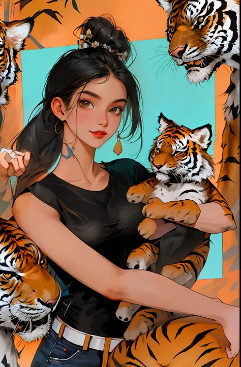 1homem jovem de 26 anos sorriso, tigre, olhos fechados, roupa de mangas longas,musculoso, homem alto e forte, cabelos compridos lisos e pretos, animal, Own hands holding a tiger cub, brilhante, cabelo longo preto e liso, olhos amarelos, sorriso, curto sob...