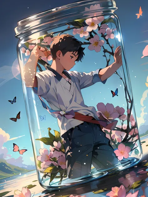 1boy，the boy in the jar，peach blossom，fresh flowers,butterflies flutter around, best qualtiy，tmasterpiece，8k,does not look at th...