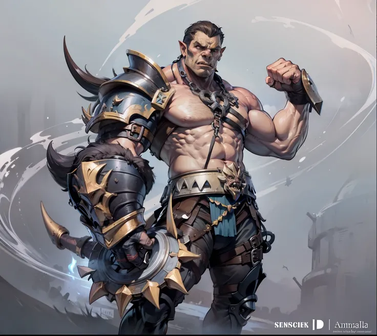 Rosto de Orc, Pele vermelha, musculoso, with a huge demonic gauntlet, aura de chamas vermelhas na manopla