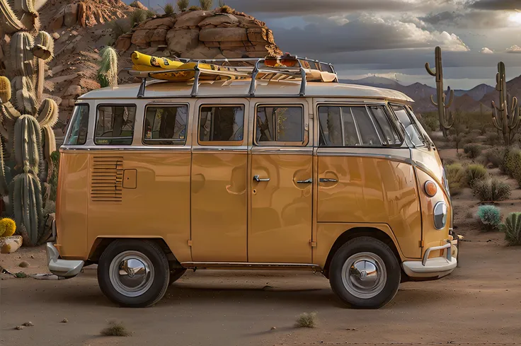 a volkswagen kombi orange and yellow color rolling in a desert with cactus ,chiaroscuro