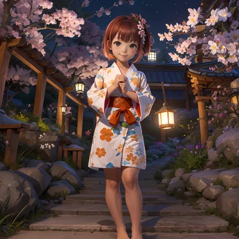 pelo rojo corto,orange eyes(7 years old:1.4)Realistic photo of japanese girl naked revealing pink and small white briefs,sat on the ground, Legs are extremely open, He was masturbating;Wear colorful yukata with intricate patterns,flower,hair flower,hair ad...