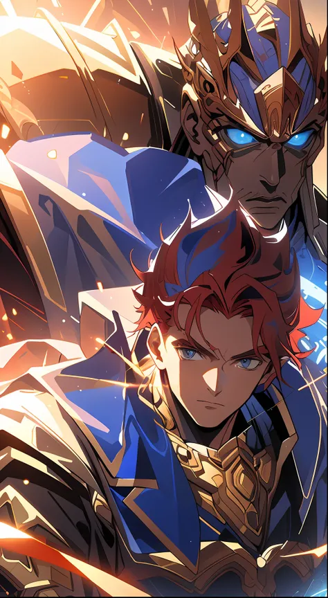 (tmasterpiece:1.2),best qualtiy,Pisif, Glowing,Ancient wind,Man,Gold armor,Blue light is visible everywhere,Behind the huge phantom,In the forest,red tinted hair,