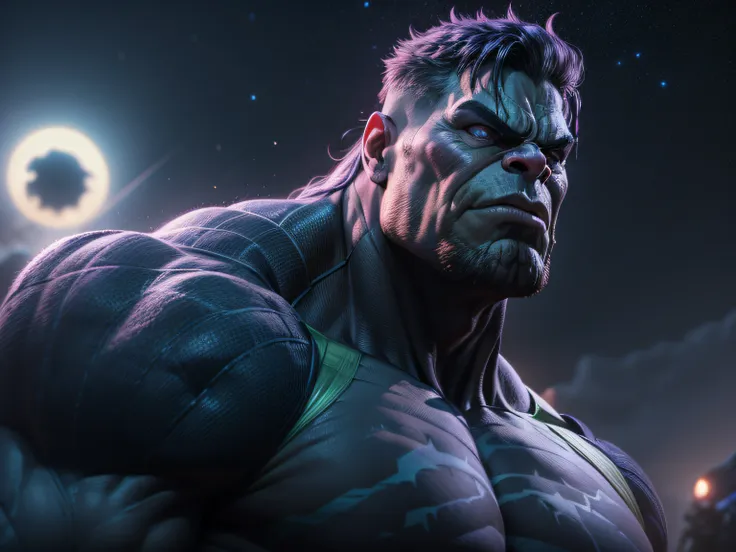 close a powerful threat, the imposing appearance of the mighty hulk dressed as thanos, menacing stare, ricamente detalhado, hipe...