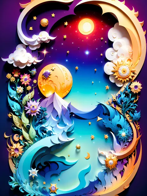 (((masterpiece))),best quality, a sword without a hilt in the center, sun, moon, slash, blade, purple water and cloud, paper_cut