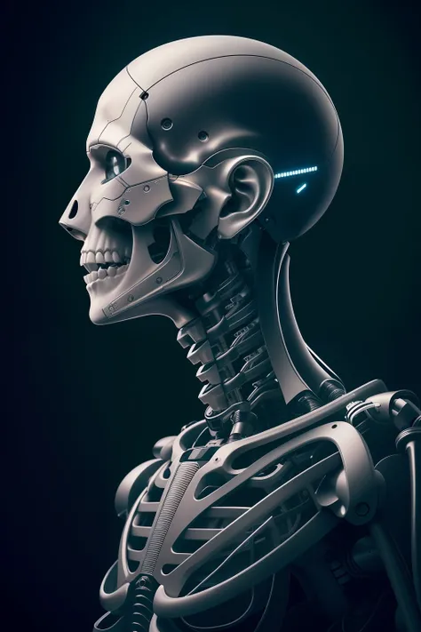 a closeup of a skeleton with head and neck, retrato detalhado de um ciborgue, retrato de um ciborgue, retrato de um androide fem...