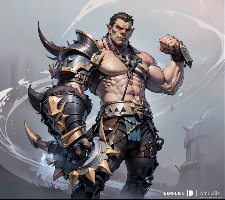 Rosto de Orc, Pele vermelha, musculoso, with a huge demonic gauntlet, aura de chamas vermelhas na manopla