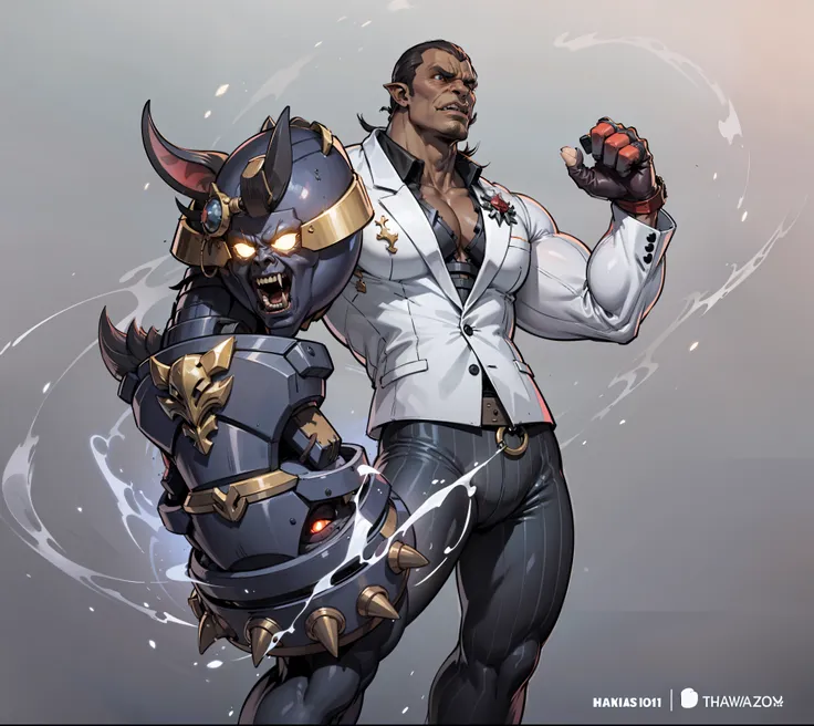 Rosto de Orc, pele vermelha, muscular, with a huge demonic gauntlet, aura de chamas vermelhas na manopla