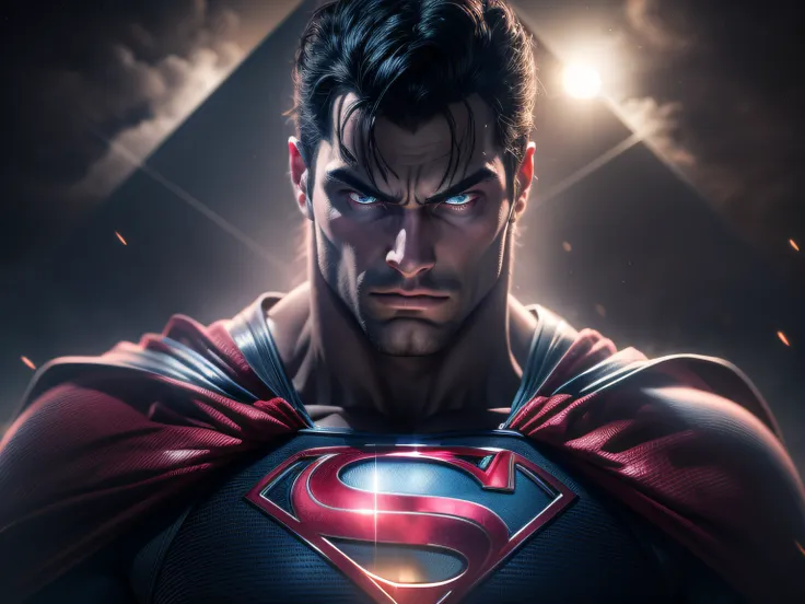 close a powerful threat, the imposing appearance of the powerful superman dressed in mirrored uniform that reflects the scenery,...