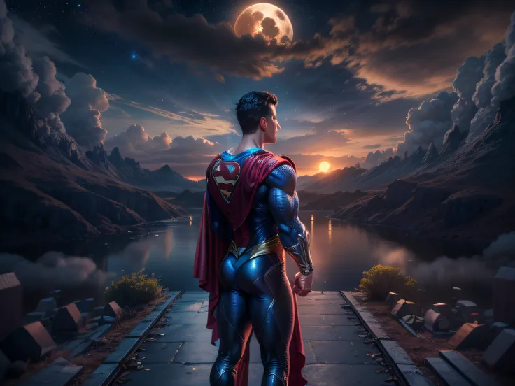 close a powerful threat, the imposing appearance of the powerful superman dressed in mirrored uniform that reflects the scenery,...