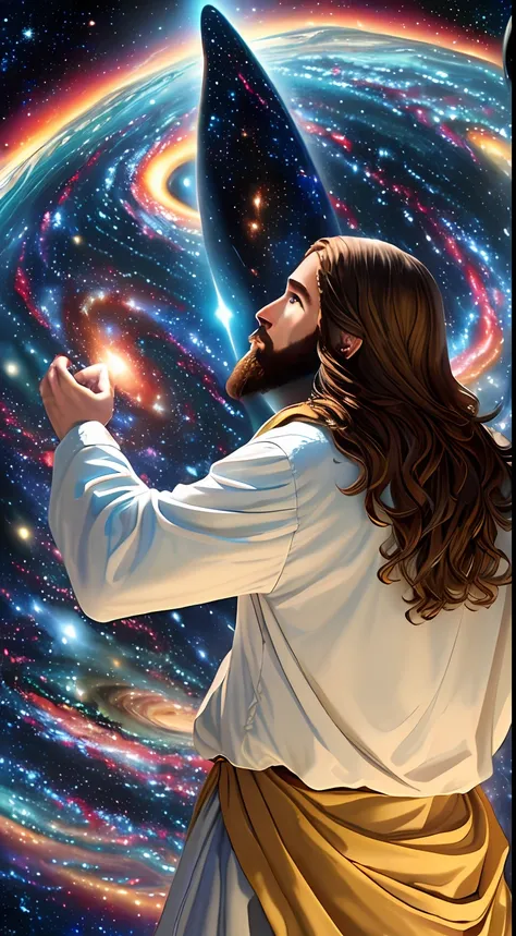 (Jesus Christ, (creator of galaxies + galaxies in the background:1.2), (Planet Earth:0.8)) with the world in the palm of his hands.