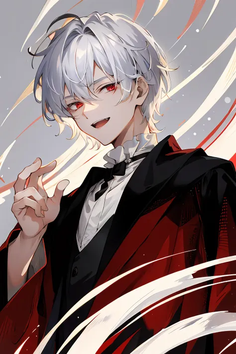 16 year old boy white hair red eyes one eye like a black robe charming robe face devilish laugh victorian era close-up high reso...