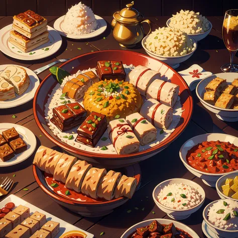 create a mouthwatering visual feast showcasing a luxurious assortment of eid delicacies, featuring tantalizing lamb or goat deli...