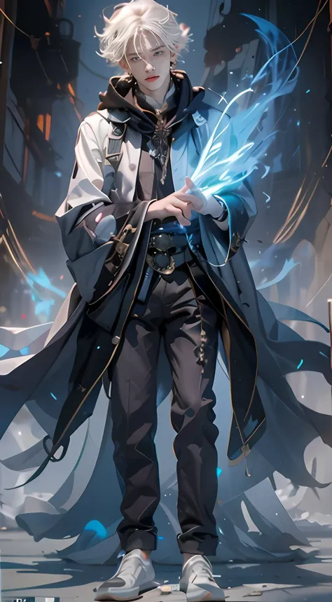 A high resolution,high detal,8K,(A boy:1.9),Handsome face,Black gauze covers the eyes,Swaying in the wind,Silvery-white short and medium hair standing on end,A gifted spell master,Black and white spell master set,Place two fingers on your chest with one ha...