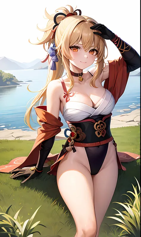 ((masterpiece)), (best quality:1.7), (detailed:1.4), (high res:1.4), 8k, (colorful:1.5), 2d, high resolution, sharped image, 4k, hd, yoimiya(genshin impact), shimenawa, kimono, nail polish, bandaged leg, cleavage, tattoo, single fingerless glove, fingerles...