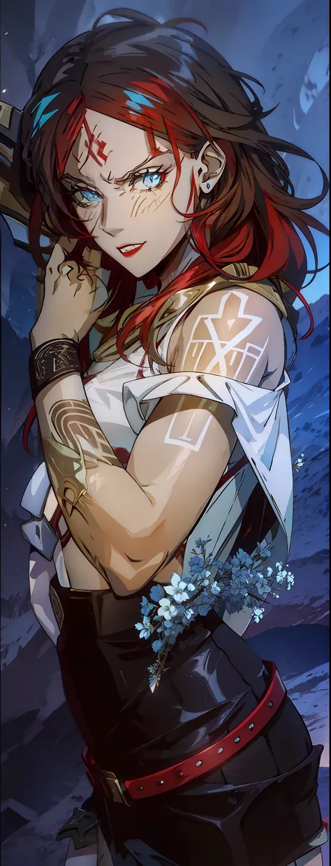 Boadicea, red-haired Viking warrior with Nordic armor and rune tattoos on her body and blooming blue eyes holding an axe, 4k