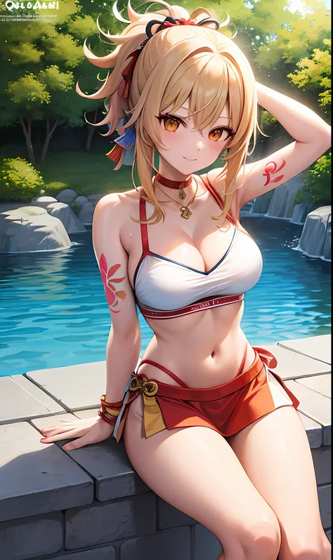 ((tmasterpiece)), (best qualtiy:1.7), (A detailed:1.4), (A high resolution:1.4), 8k, (a color:1.5), 2D, A high resolution, Sharp images, 4K, k hd, yoimiya(genshinimpact), Next round, nail polish, Tattooed with, red necklace, arm support, hair between eye, ...