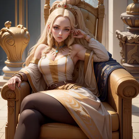 in a majestic palace with greek columns and gilded adornments, a blonde woman is sitting on an imposing throne. your hair is ele...