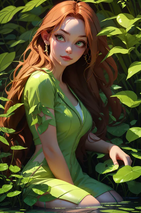 poison ivy, siting on water, the two brown braids, water fall background, forest back ground, live plants in back ground,8k, hig...