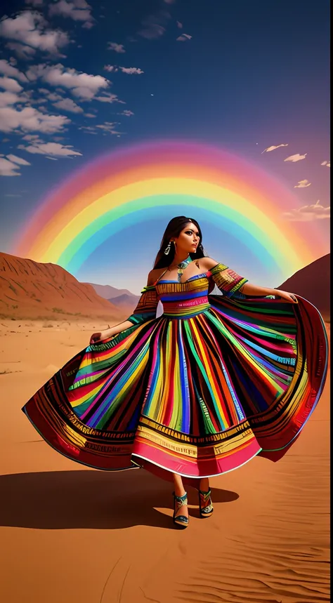 create Mariana Davalos in Full body photography of the most beautiful artwork in the world, a beautiful woman in intricate costume burning in the desert, rainbow colors, ArtStation, CGSociety, complex, high detail, clear focus, dramatic, realistic pictoria...