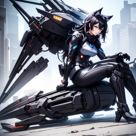 a wolf-type mech on the hunt，the hair is bright and realistic，black all over，recumbent position