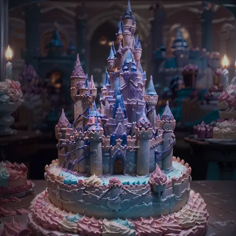 a (beautiful birthday cake( with a (disney dark castle on the top). intricate details, uhd gelatostyle