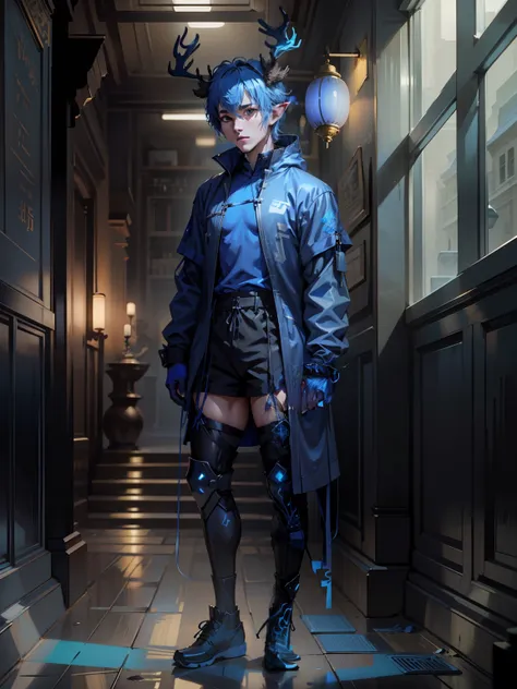 blue short hair, male, china deer horns on head, blue techwear, standing, blue hair elf, china dragon