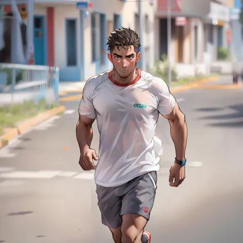 um homem correndo com camiseta branca, bermuda  , rosto detalhado