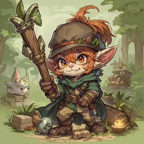 um gato dos desenhos animados vestido como um bruxo segurando um cajado, gnome druida, retrato de um mago da floresta, medium po...