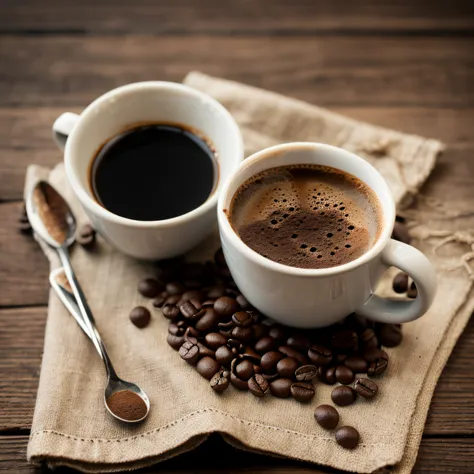 roasted coffee and beans spread over on a cloth with a cup of clay coffee photographed with a 35mm hdr ultra realistic macro cam...