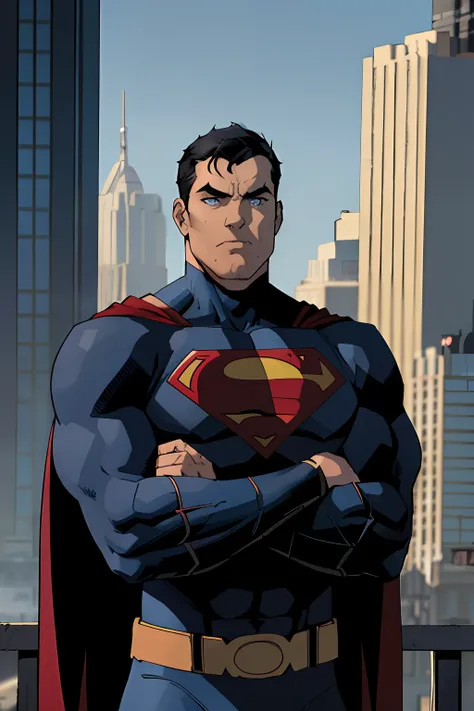 1boy, batman, abs, bara, black hair, blue bodysuit, blue eyes, bodysuit, cape, closed mouth, crossed arms, large pectorals, male focus, muscular, muscular male, pectoral lift, pectorals, red cape, short hair, outdoors, skyscrapers, solo, superhero, upper b...