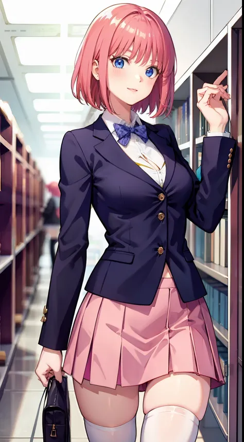 nakano nino, short hair, medium breast, slim legs, happy, cleavage, short skirt, navel, blue eyes, school uniform, thigh high socks, standing, library, pink hair