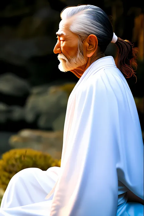 a meditating sage, with a white robe, with blue details, white beard, calm countenance, realistic image, Expressionism, relationship graph, reflection light, backlighting, UHD