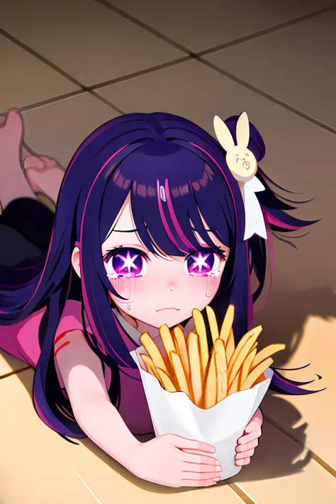 Hoshino Ai, long hair, purple hair, streaked hair ,purple eyes, star-shaped pupils, hair ornament, ApuMeme
lying, tears, on stomach, food, spill, crying, shadow, tearing up, on floor, cup, french fries