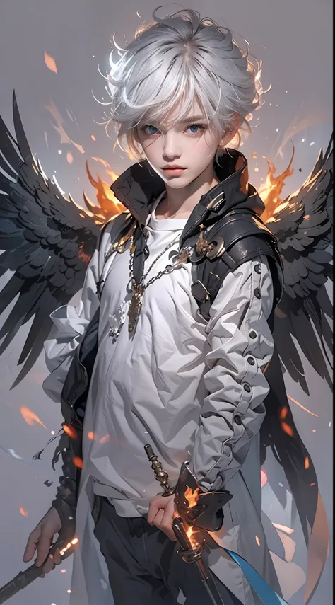 A high resolution,high detal,8K,(A boy:1.9),Handsome face,Messy silvery-white medium short hair standing on end,A gifted spell master,Black and white spell master set,Blue magic flames burned in one hand,Sealing spells,The other hand makes a boo motion,An ...