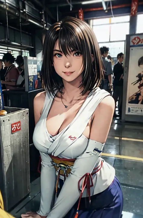 anime characters in a stadium with trash cans and a man, rings asuka iwakura station game, makoto shinka, style of red line anim...