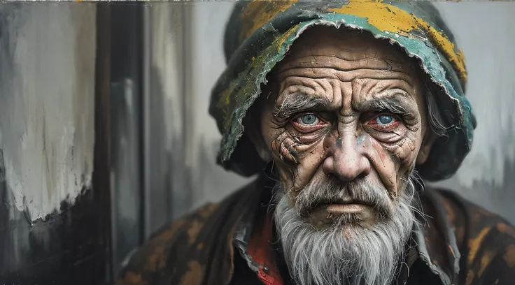 a portrait of poor russian 1800 old worker in rags, ((overwhelming fatigue )), wrinkles of age, concept art, oil pastel painting...