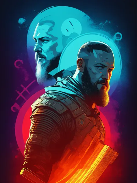 ragnar lothbrok, 2d t-shirt art, cyberpunk, epic illustration, vector, 2d illustration, black background, very colorful, full gr...