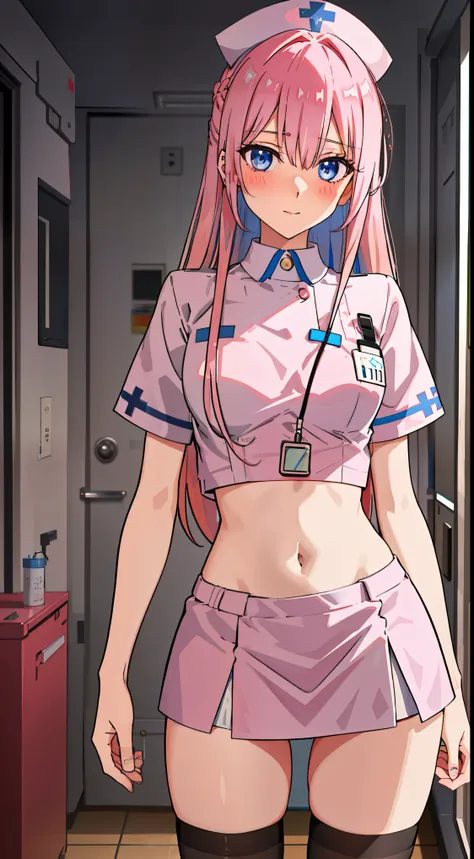 shikimori, slim legs, navel, short skirt, standing, beautiful eyes, blue eyes, blushing, nurse, hospital, pink hair, long hair, ...