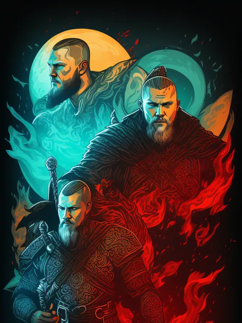 ragnar lothbrok, 2d t-shirt art, epic illustration, vector, 2d illustration, black background, very colorful, full gradient mode...