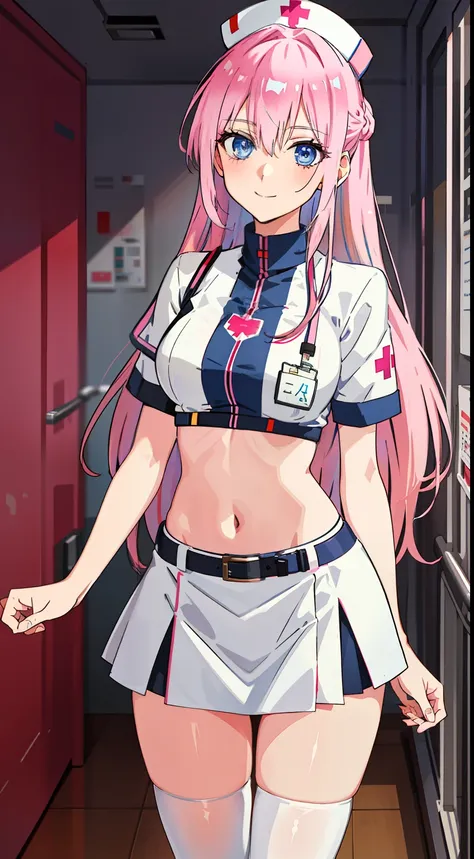 shikimori, slim legs, navel, short skirt, standing, beautiful eyes, blue eyes, happy, nurse, hospital, pink hair, long hair, thi...