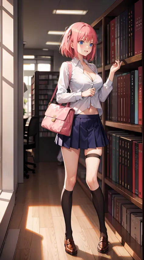 nakano nino, short hair, medium breast, slim legs, happy, cleavage, short skirt, navel, blue eyes, school uniform, thigh high socks, stand, library, pink hair