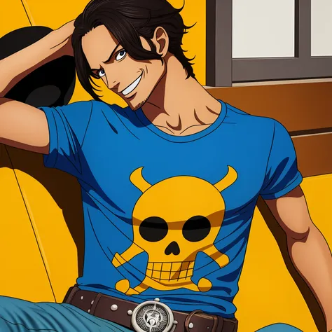 (One_Piece), (Estilo de arte de anime), ((sozinho)), 1menino, (1homem jovem), ((olhos detalhados)), (olhos castanhos claros), (cabelo longo grande), ((large blue t-shirt)), (long brown jeans), (logpose), (botas), (cabelo negro), ((sorriso)), (atletic_Corpo...