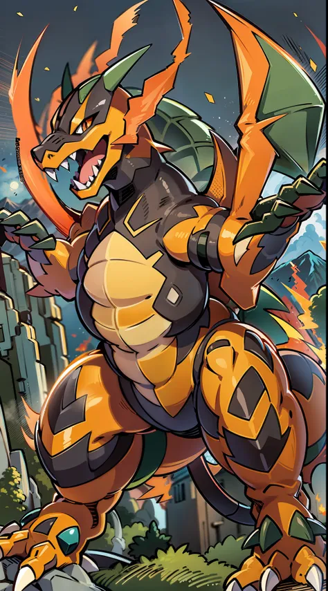 charizard pokémon and greymon digimon fusion,dinosaur dragon ,orange skin,body stripe,carapace with a brown horns , wings,huge c...