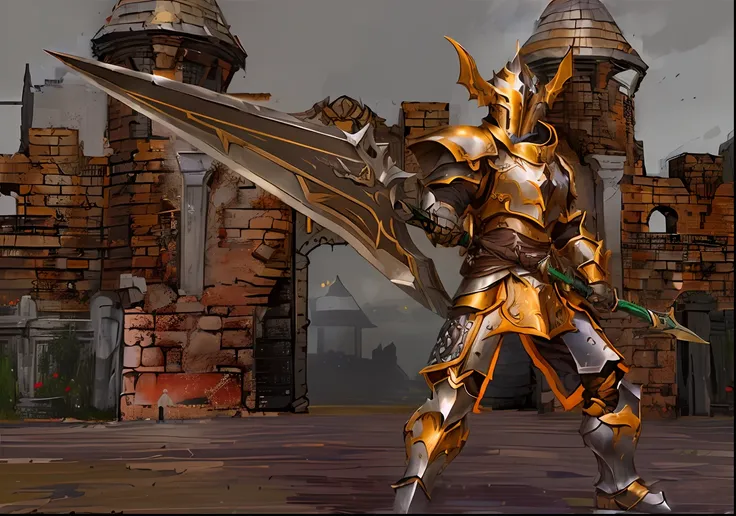 there is a man in armor holding a sword in front of a castle, epic paladin armor, heroes of might and magic, <cena mmorpgs, vest...