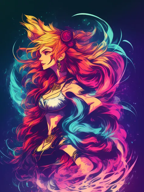 freyja, 2d t-shirt art, epic illustration, vector, 2d illustration, black background, very colorful, full gradient modern colors...